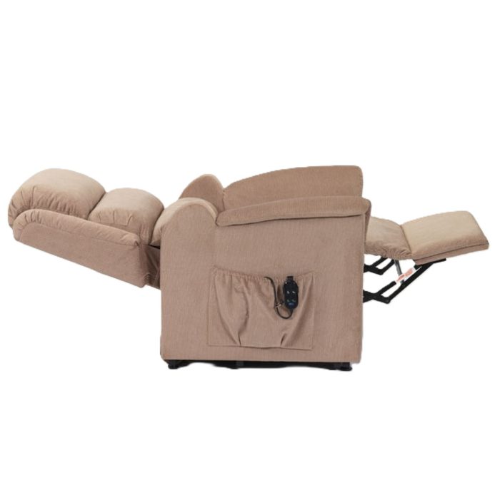 Portland Petite Recliner Dual Motor mushroom beige fully reclined